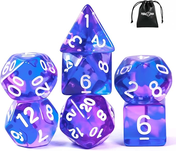 7-Die DND Dice Set Polyhedral Dice Set with a Leather Dice Bag, D&D Dice Set for Dungeons and Dragons, RPG, MTG Table Games (T/Purple Blue)
