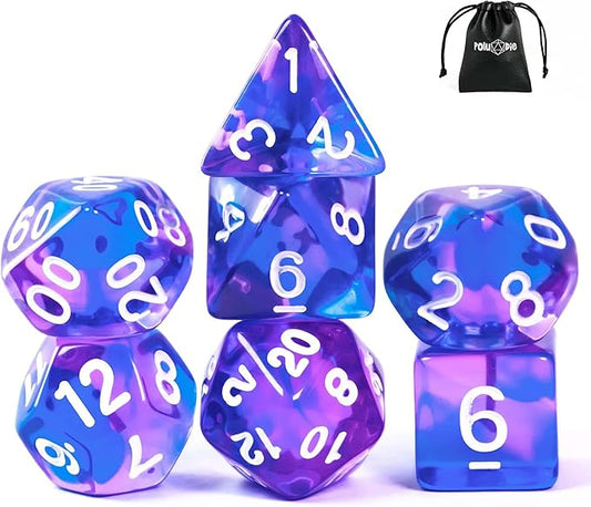 7-Die DND Dice Set Polyhedral Dice Set with a Leather Dice Bag, D&D Dice Set for Dungeons and Dragons, RPG, MTG Table Games (T/Purple Blue)