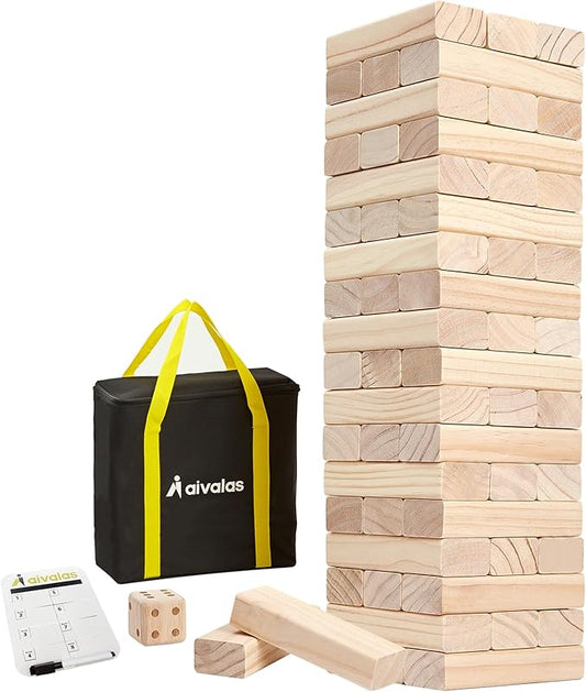 Giant Tumbling Timber Games, 60 Blocks Large Tower Outdoor Game - Includes Carry Bag and Scoreboard, Wood Stacking Backyard Game Grows Up to 5FT for Kids Adults Family