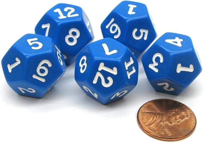 Koplow Games Set of 5 D12 12-Sided 18mm Opaque RPG Dice - Blue with White Numbers