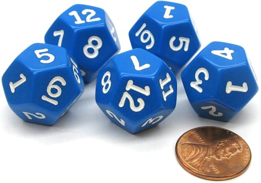 Koplow Games Set of 5 D12 12-Sided 18mm Opaque RPG Dice - Blue with White Numbers