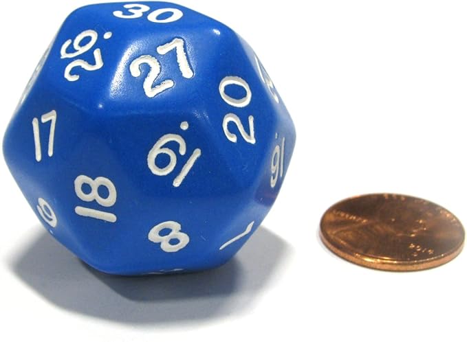Koplow Games Triantakohedron D30 30 Sided 33mm Jumbo RPG Gaming Dice - Blue w White Number
