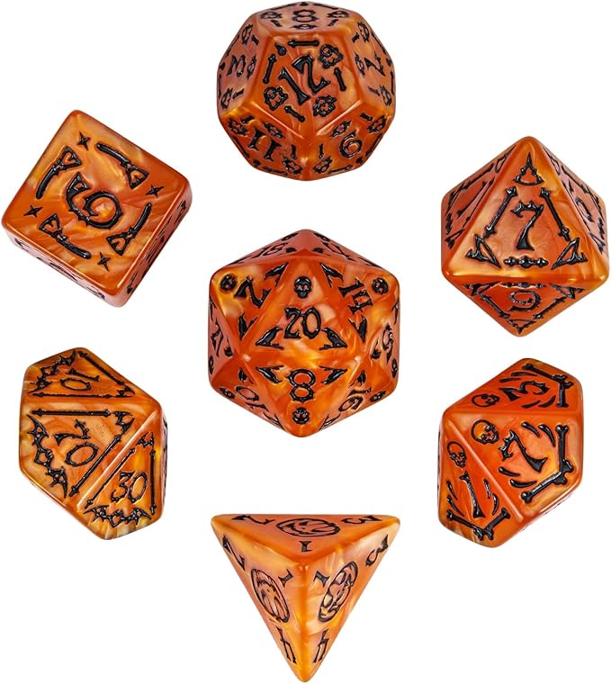 7-Die DND Dice Set Halloween Pattern Polyhedral Die Set with Leather Bag, Skull Dice D&D Die for Dungeons and Dragons RPG Table Games (Halloween Pattern-Orange/Black Number)