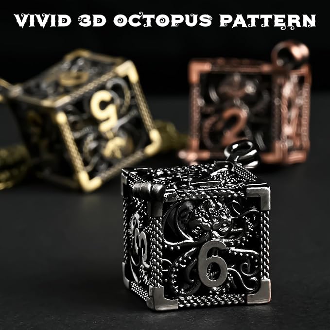 Mini DND Dice Set with 3D Octopus Shell and Necklace, 3PCS Polyhedral Metal Dice Set Perfect for MTG, RPG, Board Games Accessory (ZY02-Bronze)