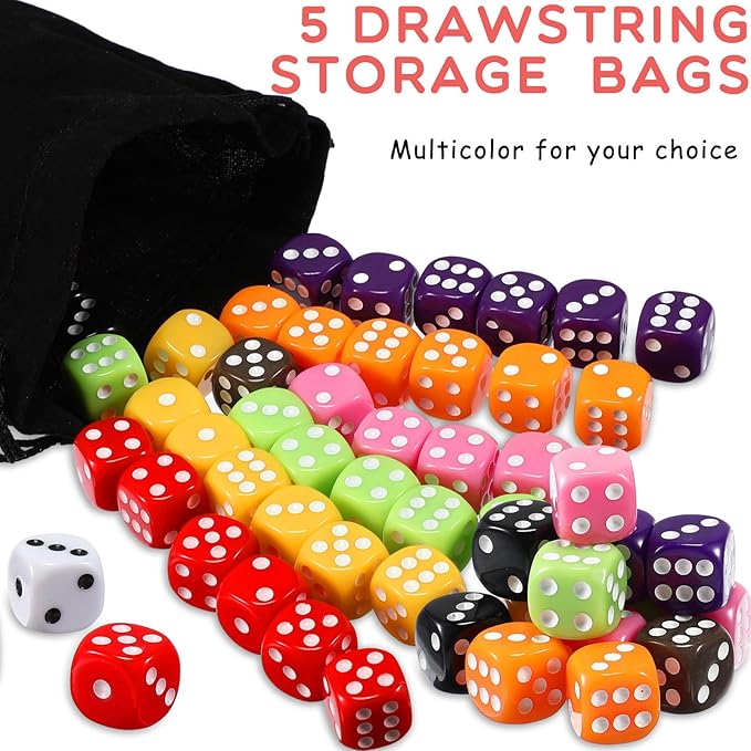 Syhood 500 Pieces 16mm Colored Dice Bulk 6 Sided Dice Set with 5 Pieces Drawstring Pouches Standard Game for Classroom Teaching Math Learning Board Dices Game 10 Color