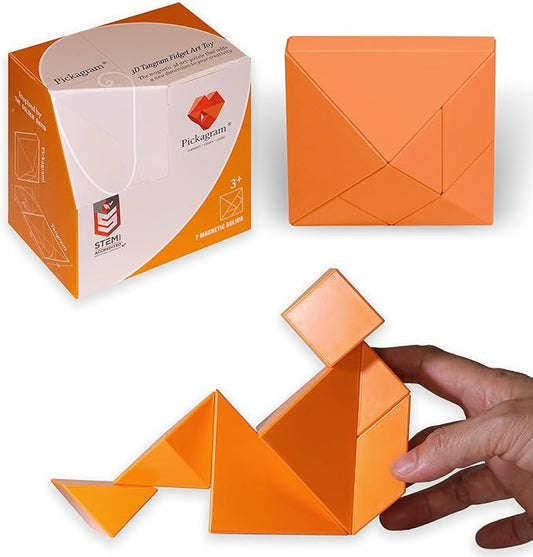 Pickagram Tangrams for Kids Ages 8-12 & Adults 3D Magnetic Tangram Fidget Puzzle: STEM Certified Magnetic Pattern Blocks (Orange)