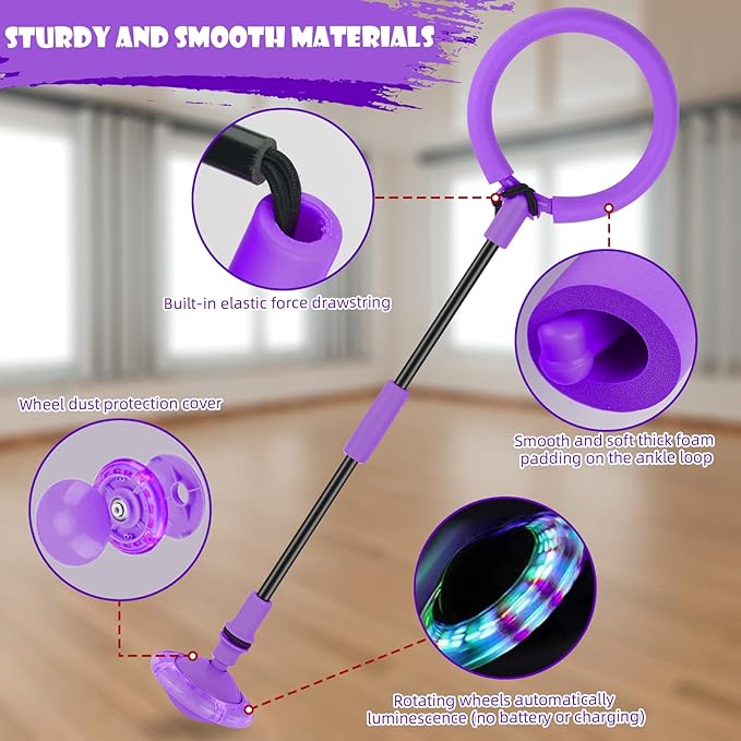 Ankle Skip Ball for Kids, Foldable Colorful Light Flash Wheel Skip Ball for Adults, Indoor Outdoor Game Toys for Kids, Gift for Girls, Boys Ages 5 6 7 8 9 10 11 12 Years Old - Purple