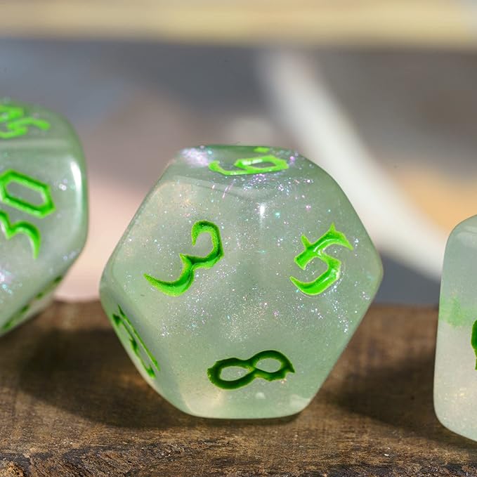 7-Die DND Dice Set Polyhedral Dice Set with a Leather Dice Bag, D&D Dice Set for Dungeons and Dragons, RPG, MTG Table Games (White/Glitter)
