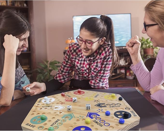 Original Marble Game Wahoo Board Game 16-Inch Double Side Painted Wooden Fast Track Board Game for 6 Player and 4 Player, 6 Colors 36 Glass Marbles 8 Dice for Family Game Night, Friends Party
