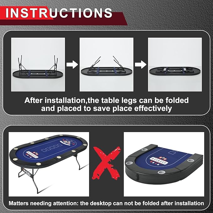 10 Player Poker Table Foldable, 84" Portable Casino Leisure Texas Holdem Table, Folding Game Table with Padded Rails and Cup Holders for Texas Card, Blackjack Board Game(Black)