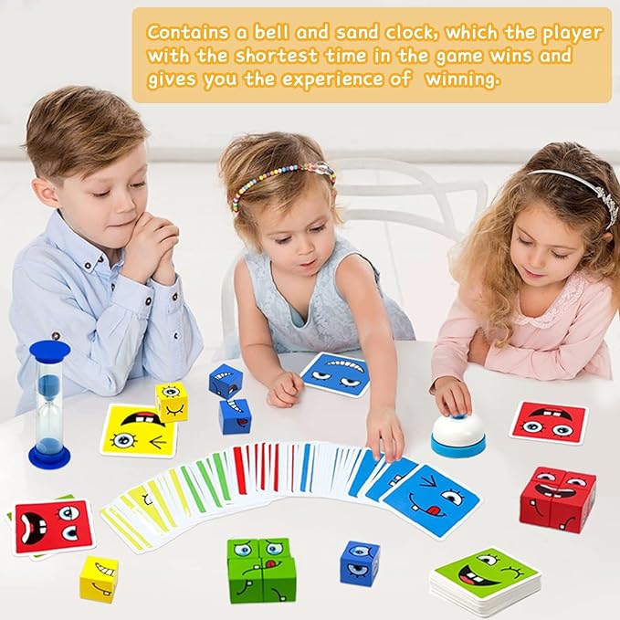 Xylolin Expression Puzzle Building Blocks, Wooden Face Changing Cube Building Blocks Toy with Bell and Sand Clock, Matching Board Games for Kids Ages 3 Years and up