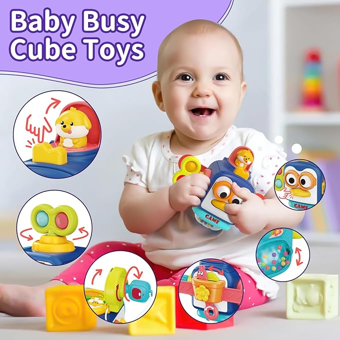 Baby Toys for 1+ Year Old, Busy Board Sensory Toys for Toddlers 1-3, Baby Toys for 12-18 Months, Pull String Teether, Stacking Blocks, 3 in 1 Travel Toy Gifts for 1 2 3 Year Old Boy Girl
