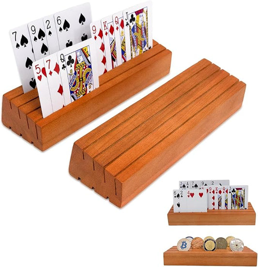 Card Deck Stand Set of 2 Playing Holder for Kids Elder Wood Racks Tray for Organizing on Game Bridge Holders Adults Uno Five Crowns Canasta(Upgrade Orange)