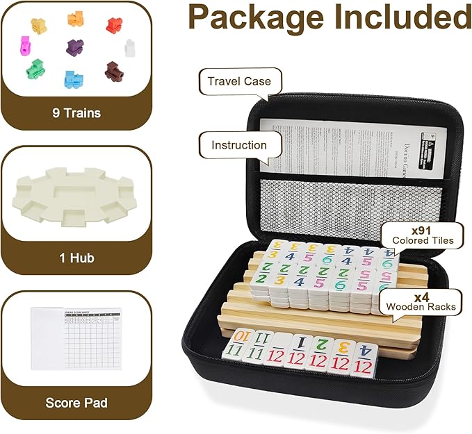 Travel Edition - Mexican Train Dominoes Set with Numbers and 4 Wooden Racks, 91 Tiles Travel Double 12 Dominos Game Set with Portable Case for Families Kids
