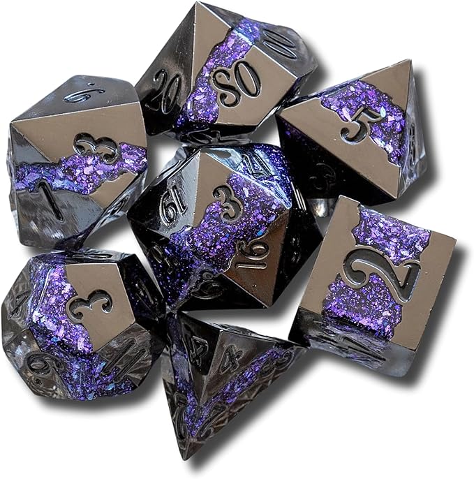 Sage's Portal Metal Riftstone DND Dice 7-PC Polyhedral Dice Set for DND TTRPG Dungeons and Dragons Pathfinder Oversized Designer Dice (Gloss Black/Purple)