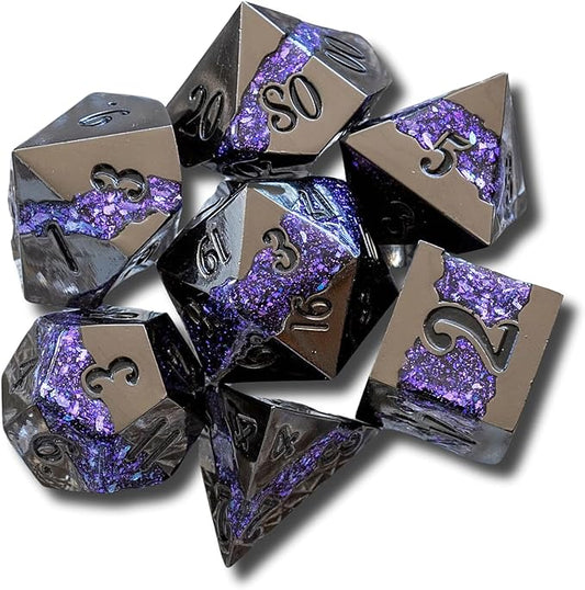Sage's Portal Metal Riftstone DND Dice 7-PC Polyhedral Dice Set for DND TTRPG Dungeons and Dragons Pathfinder Oversized Designer Dice (Gloss Black/Purple)