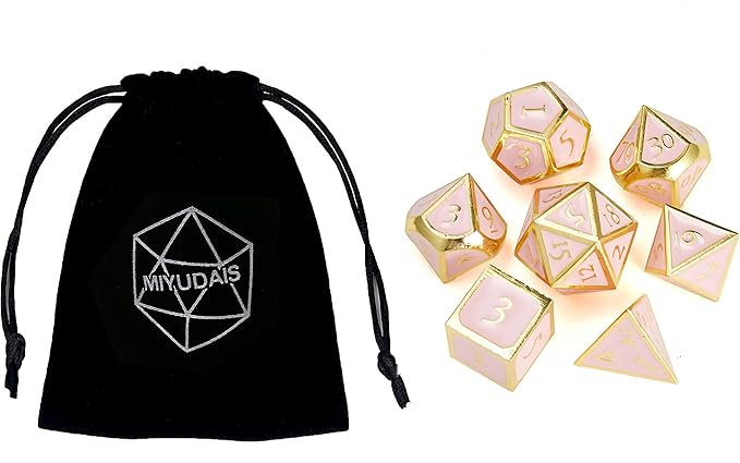 MIYUDAIS Polyhedral Metal Game Dice Cream Pink with Gold Trims 7pc Set for Dungeons and Dragons RPG MTG Table Games D&D Pathfinder Shadowrun and Math Teaching