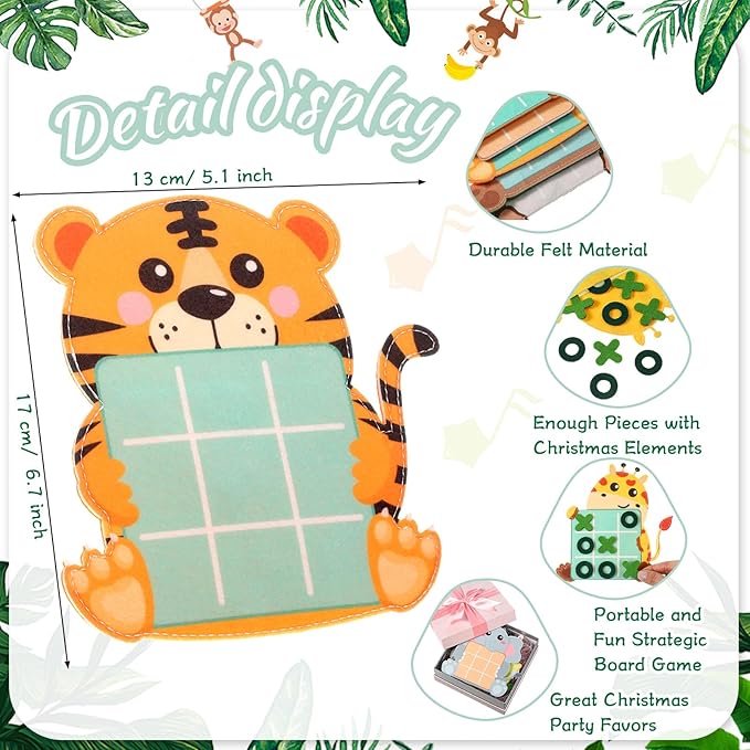 Capoda 24 Pack Jungle Animals Safari Theme Party Favors Tic Tac Toe Strategic Board Game Felt with Storage Bags Jungle Theme Goodie Bags Stuffers for Safari Animal Birthday Party Favor Classroom Prize