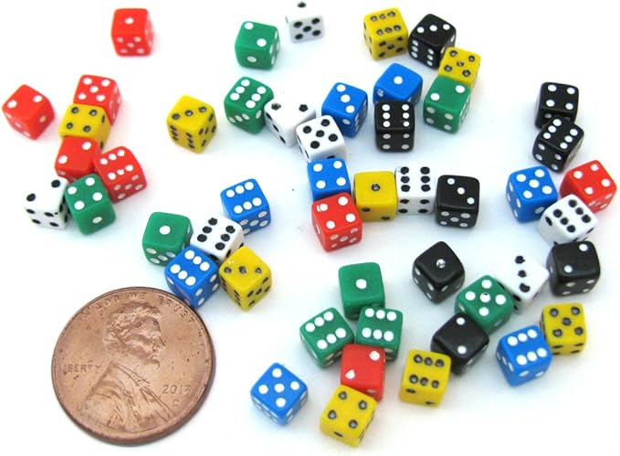 Koplow Games 1816x 50 Six Sided D6 .197" Die Small Tiny Mini Miniature Multicolored Dice, 5 mm, White/Black/Red/Green/Blue/Yellow, 5mm (Pack of 50)