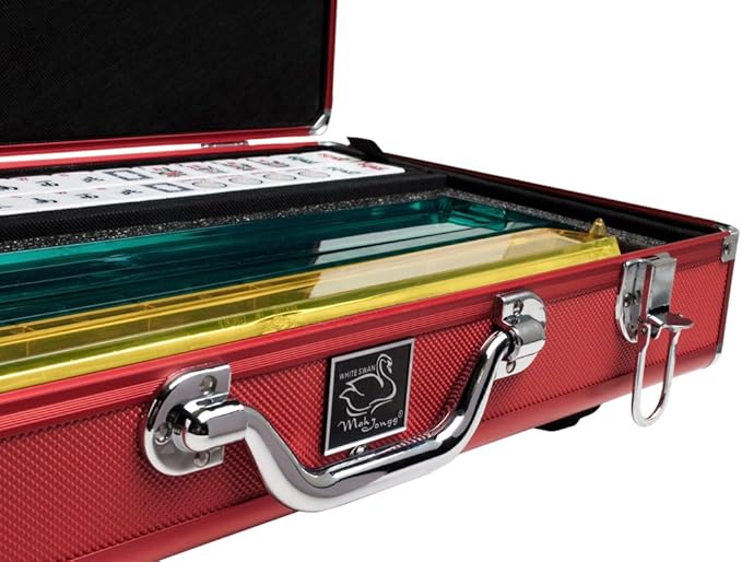 Set - Wheeled Aluminum Case - (White Tiles - Pusher Arms) American Mahjong Game Set, Red