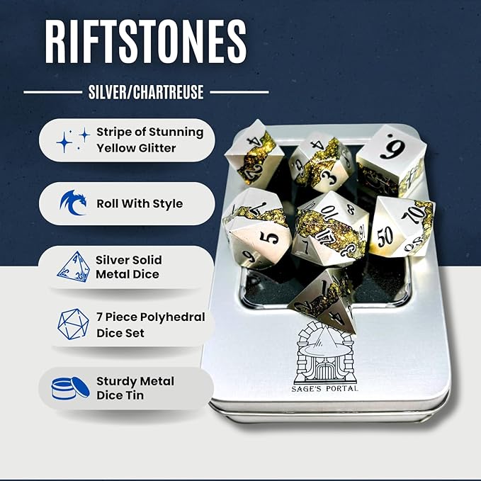 Sage's Portal Metal Riftstone DND Dice 7-PC Polyhedral Dice Set for DND TTRPG Dungeons and Dragons Pathfinder Oversized Designer Dice (Pearl Silver/Chartreuse)