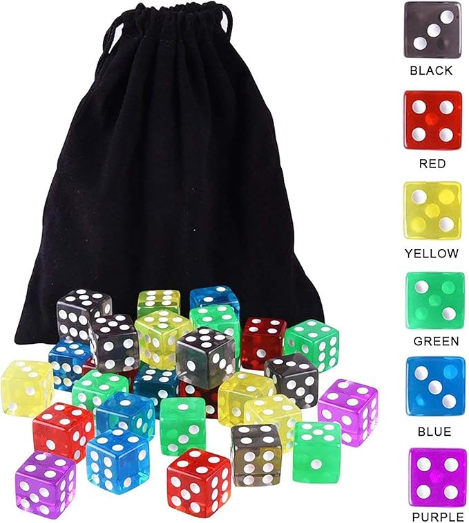 AUSTOR 50 Pieces Game Dice Set 5 Translucent Colors Square Corner Dice for Tenzi, Farkle, Yahtzee, Bunco or Teaching Math with Velvet Pouch