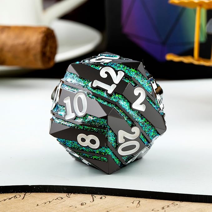 D20 Dice Metal DNDND 33mm Large Metallic Dice with Gorgeous Gift Box for Dungeons and Dragons (Green Stripe)