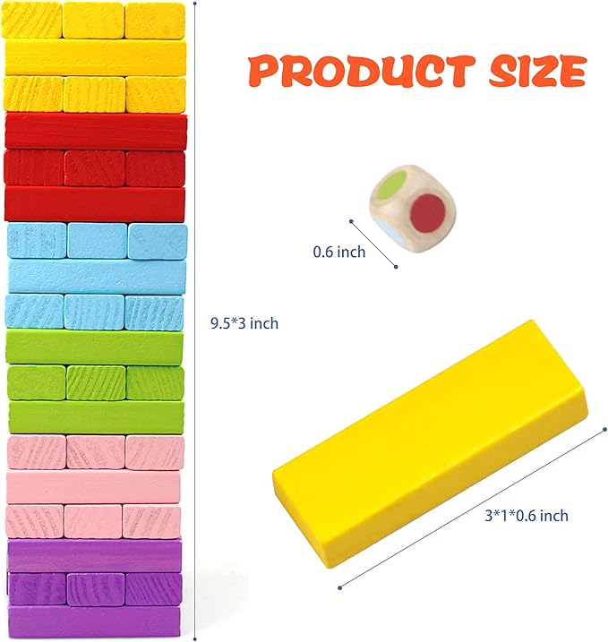 Gentle Monster Wooden Colorful Stacking Board Games Builing Blocks for Kids Boys Girls, 54 Pcs Wood Balancing Blocks Montessori Toy Gift for Kids, Classic Game for Party with Storage Bag