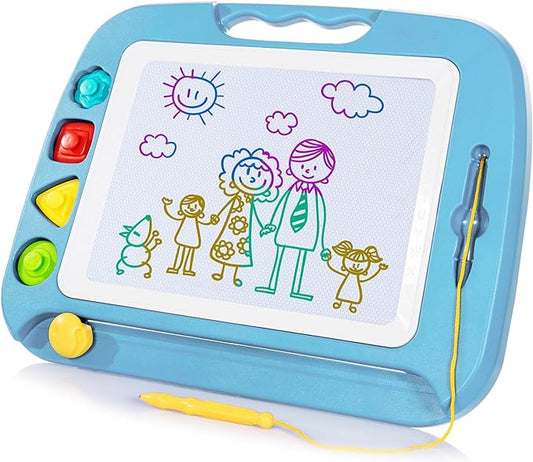 SGILE Large Magnetic Drawing Board - 4 Colors 16×13in Doodle Pad with 4 Stamps for Toddlers, Learning Toy Board Etch Sketch Gift for 36+ Month Kids Girls Boys, Light-Blue