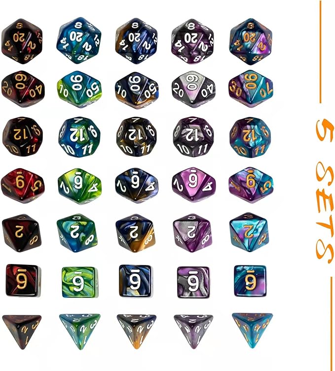 5 Sets DND Dice Polyhedral Dice Set (35pcs) with 1 Large Leather Bag, D&D Die Set for Dungeons and Dragons, RPG Table Games (5Sets/35Pcs Double-Color)