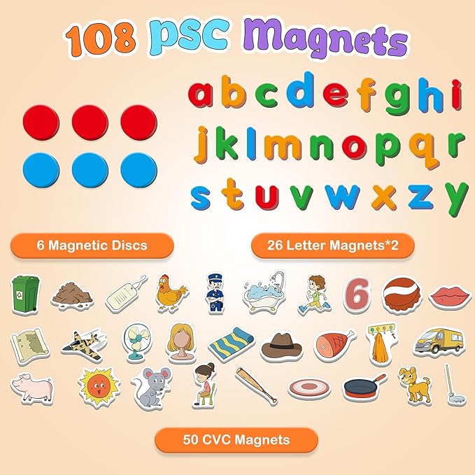 CVC Word Games Phonics Games, Magnetic Dry Erase Board, Refrigerator Fridge Magnets for Kids, Toddler Alphabet Learning Toys ABC Letter Games, Speech Therapy Spelling Reading Games