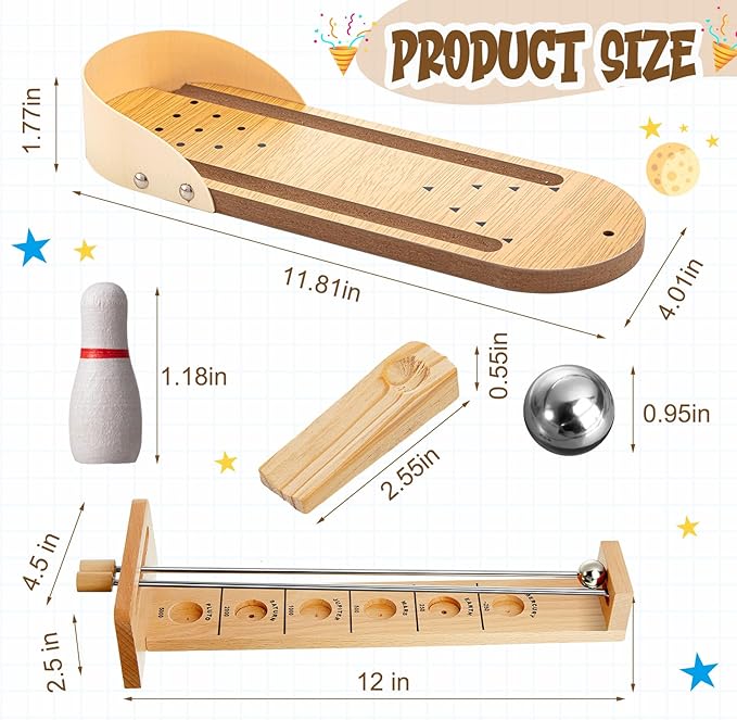 Deekin 2 Set Desktop Shoot The Moon Game Table Top Mini Bowling Game Set Classic Steel Ball Wooden Tabletop Games Wooden Board Mini Arcade Table Games Bowling Set Gag Gifts for Adult Teen Office Desk