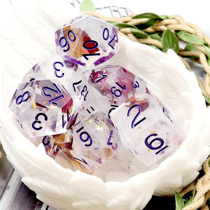 Haxtec DND Dice Set Rose Flower Sharp Edge Dice with Dice Case Handmade White Red Resin D&D Dice Set Purple Numbers for TTRPGs Dungeons and Dragons Gifts