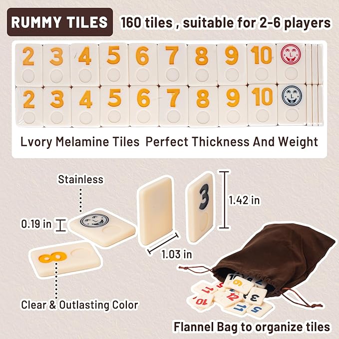 Extguds 6 Player Rummy Cube Game Set, Classic Large Tiles Rummy Cube Game, with 6 Wooden Racks/Trays, 160 Rummy Tiles, Portable Canvas Bag, 1 Timer, 1 Storage Bag,for Family and Party