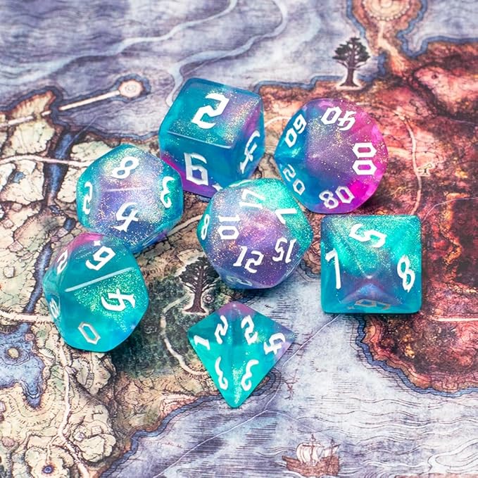 DND Dice Set with Dragon Totem Metal Gife Case, Dungeons and Dragons Dice Set,Polyhedral Dice Set Filled with Shiny Glitters,Role Playing Games and Tabletop Games (Green&Pink)
