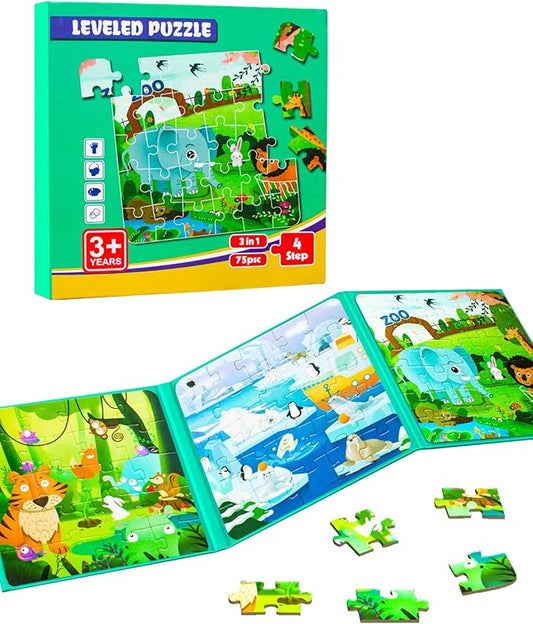 Magnetic Puzzles for Kids Ages 3-5, 3 in 1 Animal Magnet Jigsaw Puzzle Book for Toddlers, Car Airplane Road Trip Activities Toys for 3 4 5 6 Year Old Girls Birthday (Animal)