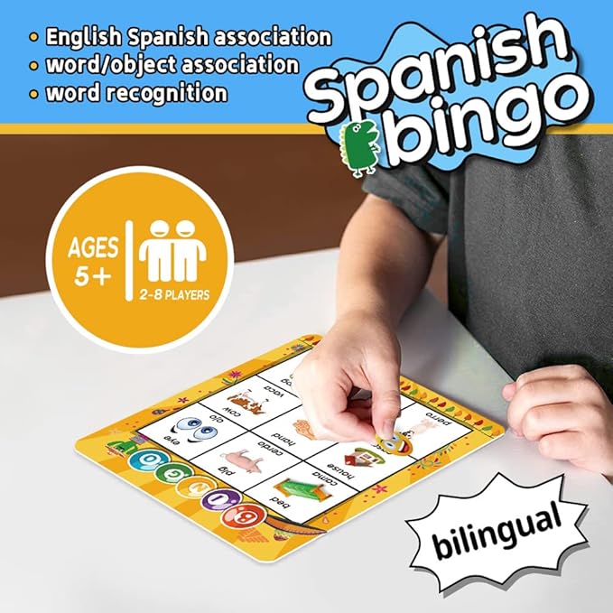 Spanish English Bilingual Bingo with Challenging Cards Vocabulary Language-Learning Educational Reading Games for Kids Ages 5+