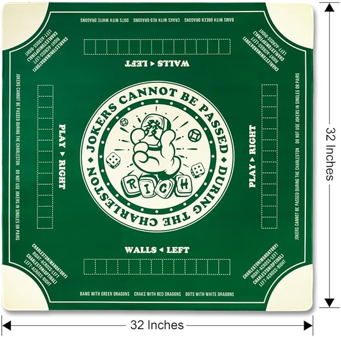 Mahjong Mat with Rules for Table,Non-Slip and Silent,Comes with 2 Dice and 1 Coral Velvet Mahjong Mat Storage Bag (Green)