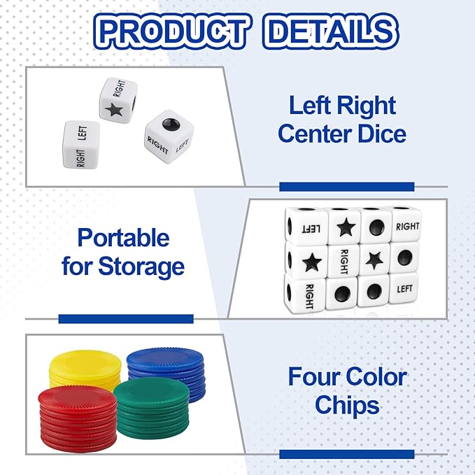 Left Right Center Dice Game Set - 4 Pack with 3 Dice, 24 Chips, and Instructions per Set - Easy Storage Box Design for Travel,School, Parties, and Family Gathering (4)