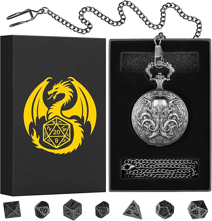 Mini DND Dice Set with Steampunk Double Eyed Octopus Pocket Watch Case, Tiny 7PCS Polyhedral Metal D&D Dice, DND Gifts with Gift Box, Role Playing Game Board Game Accessories Dice, Dark Silver