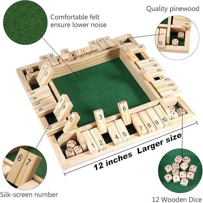 AMEROUS 12 Inches Shut The Box Family Game (1-4 Players), 4 Sided Large Wooden Number Dice Board Game with 12 Dices and Shut The Box Rules for Kids, Adults