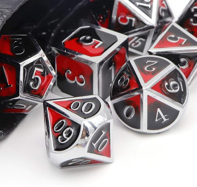Haxtec DND Metal Dice Set D&D Red and Black Metal DND Dice for Dungeons and Dragons RPG Games-Vampire(Silver Black Red)