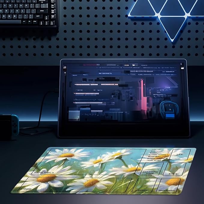 MTG Playmat Size 23.6x13.8in with Storage Bags Portable Playmat TCG and Board Game Mat for Cards Rubber Base Slip-Resistant Mousepad Desk Mat (White Chrysanthemum,with Zone)
