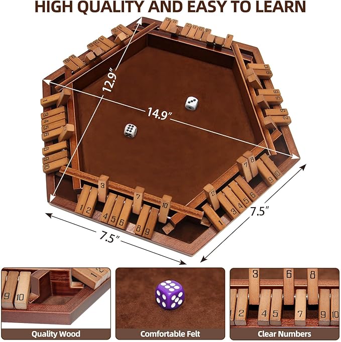 Shut The Box Game 6-Sided Wooden with 16 Dice