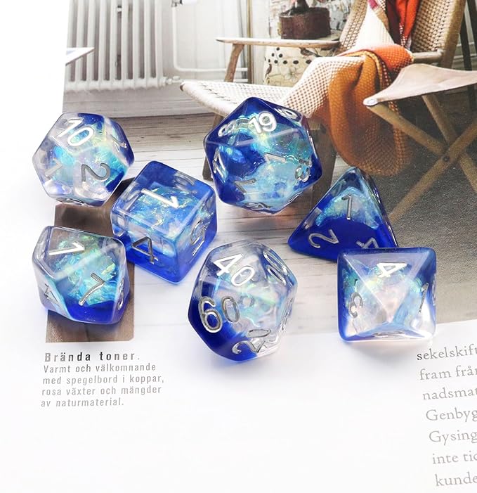Haxtec Resin DND Dice Set 7PCS Blue Clear Iridecent Mylar Polyhedral D&D Dice for Roleplaying Dice Games as Dungeons and Dragons-Blue Clear Galaxy
