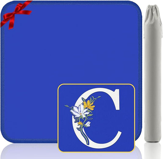 Mahjong Mat for Table | Neoprene Anti-Slip Noise Reduction | 32.4x32.4 Inch Blue | Perfect for American Mahjong, Poker, Card & Board Games | Great Gift Idea(Custom Letter C Edition)