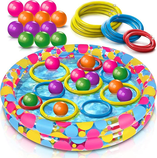 Gamie Floating Ring Toss Game for Kids, Outdoor Carnival Game Set with Inflatable Pool, Floating Rings, and Colored Plastic Balls, Outdoor Games for Family and Backyard Parties