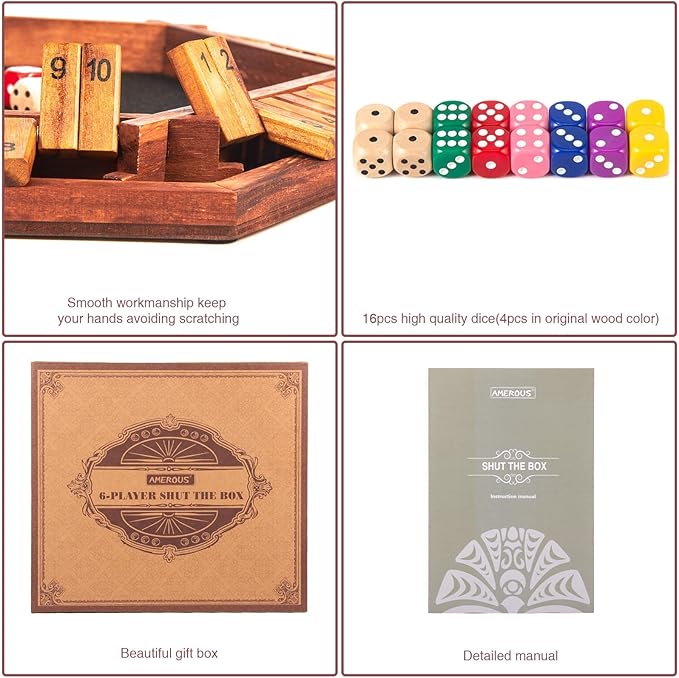 AMEROUS Upgraded 1-6 Players Shut The Box Dice Game, Wooden Board Table Math Game with 16 Dice for Kids Adults, Family Classroom Home Party or Pub
