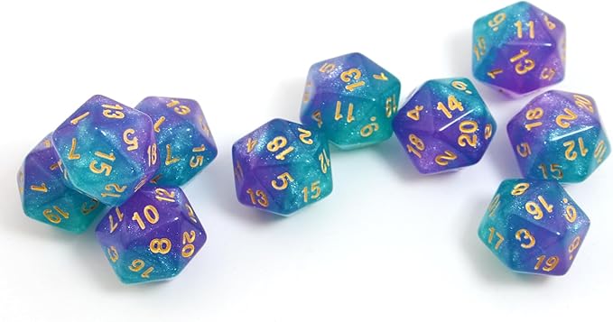 SmartDealsPro 10-Pack 20 Sided Dice D20 Polyhedral Dice for DND RPG MTG Table Game (Glitter Green-Purple)