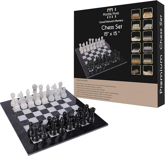 15 Inch Luxury Chess Set Classic Chess Boards for Adults with Handcrafted Stone Board & Marble Chess Pieces Ideal for Home Decor (Black & White)